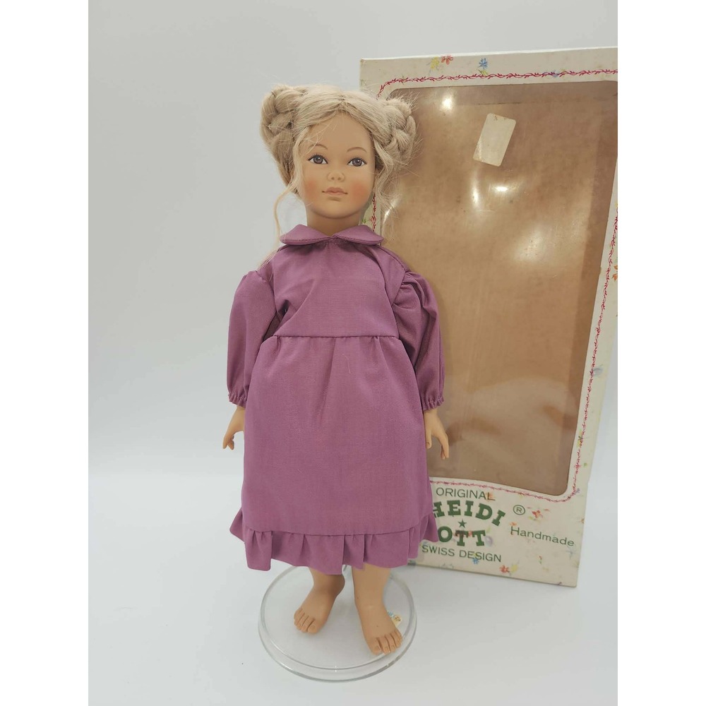 Original Heidi Ott Swiss Design Handmade Doll Blonde Braids Purple Dress Box